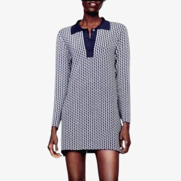 Zara Knit | Navy Blue White | Z Print Jacquard Long Sleeve Dress Size Me… - Picture 1 of 7